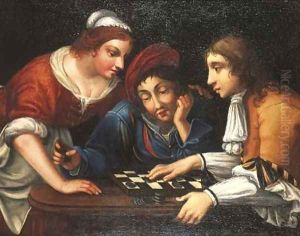 Peasants playing draughts in an interior by Angelo Caroselli