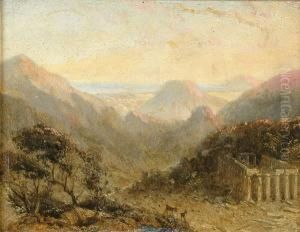 A Mountainous Landscape With A Roman Ruins In The Forground