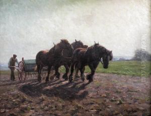 Farmer And Three Heavy Horses Pulling A Seed Drill by William Evans Linton