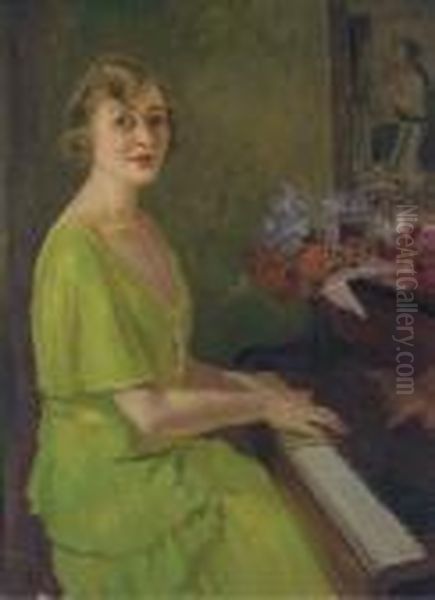 A Lady In A Green Dress Playing The Piano - view 1
