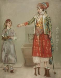 A Lady In Turkish Costume With Her Servant At The Hammam by Etienne Liotard