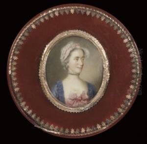A Lady, In Blue Dress, Pink Bow And Wearing A Mob Cap With Pink Ribbon