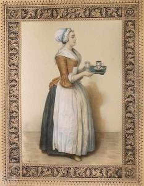 La Belle Chocolatiere De Vienne.
 Farblithographie Auf Karton, Nach Dem Pastell Von Liotard, 
Gemaldegalerie Dresden. 43,5 X 30,5 Cm. Lemercier, Paris. In Berliner 
Leiste Gerahmt. Etwas Gebraunt. - view 1