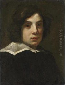 Portrait Of A Young Man, Head And Shoulders, Wearing Black With A White Collar