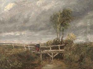 A woman crossing a wooden bridge in a stormy landscape by David Cox