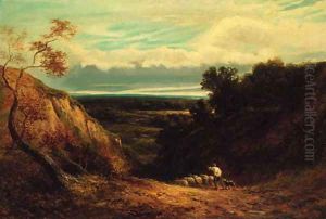 An extensive wooded landscape with a shepherd and flock by David Cox