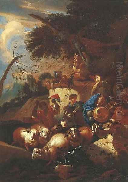 A muleteer with sheep, goats, a cow, an ostrich and a camel by a statue of Pan in an Italianate landscape - view 1