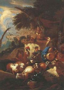 A muleteer with sheep, goats, a cow, an ostrich and a camel by a statue of Pan in an Italianate landscape by Giovanni Benedetto Castiglione