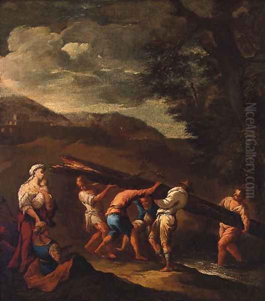 Peasants carrying a fallen tree across a stream in a landscape - view 1