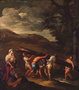 Peasants carrying a fallen tree across a stream in a landscape by Giuseppe Maria Crespi