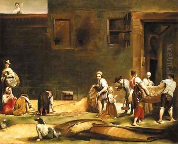 Peasants making silk carrying and spreading cocoons - view 1