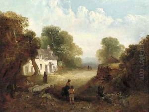Figures before a sunlit cottage by John Crome
