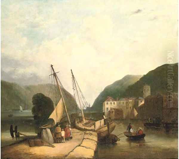 Figures in a harbour, loading supplies - view 1