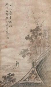 Pagoda Roof Under Trees And Flying Birds by Su Liupeng