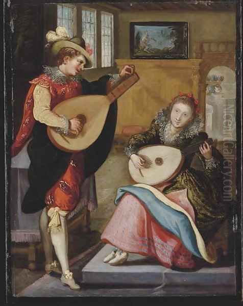 A couple playing the lute in an elegant interior - view 1