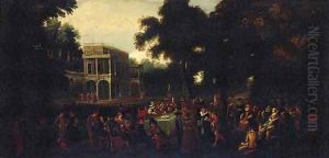 A musical party in a garden by a palace by Louis de Caullery