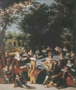 Elegant company dining and making music in an ornamental garden by Louis de Caullery