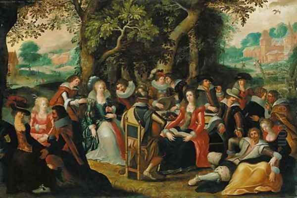 Elegant company feasting in a forest, a clearing beyond - view 1