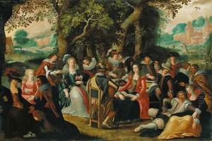 Elegant company feasting in a forest, a clearing beyond by Louis de Caullery