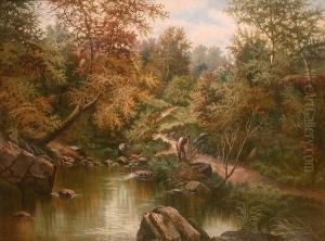 Wooded River Landscape With Woodcutter In The Foreground
