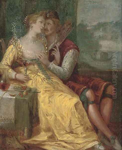 A couple courting in an interior, a river landscape beyond - view 1