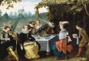 An elegant company dining in a garden by Louis de Caullery