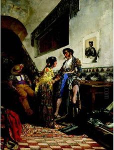 Spanish Figures Conversing While Another Sleeps