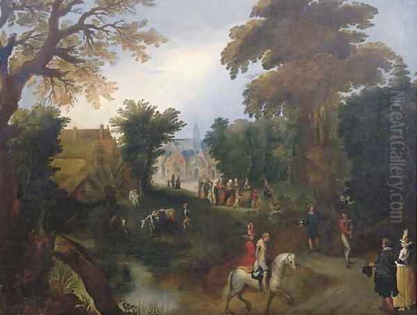 A wooded landscape with elegant company on a path, the Procession of the Bride in a village beyond - view 1