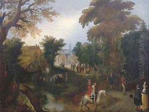 A wooded landscape with elegant company on a path, the Procession of the Bride in a village beyond by Louis de Caullery