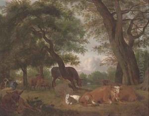 A wooded clearing with a shepherd and cattle resting