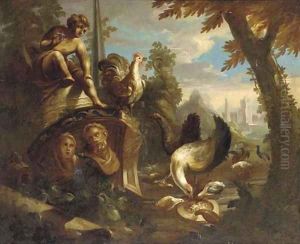 Poultry and other birds feeding amongst classical ruins by Nicolo Casissa