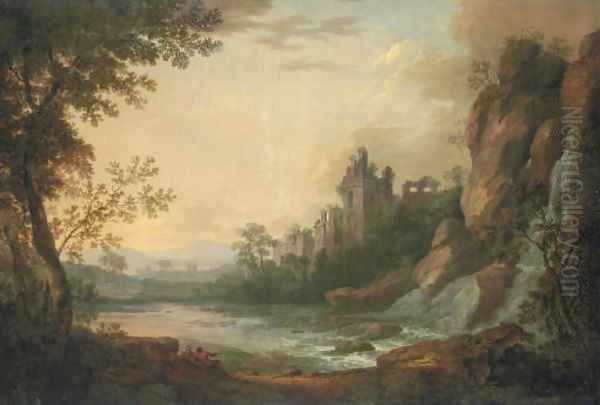 A river landscape with travellers resting on a path, a ruined castle beyond - view 1