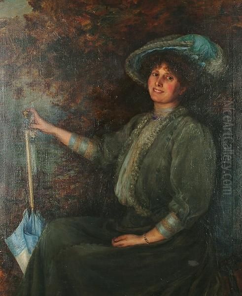 Portrait Of A Lady, Seated, Wearing A Blue Hat And Dress And Holding A Blue Parasol - view 1