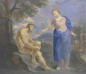 A woman addressing a seated nude in a classical landscape by Catherina Da Costa