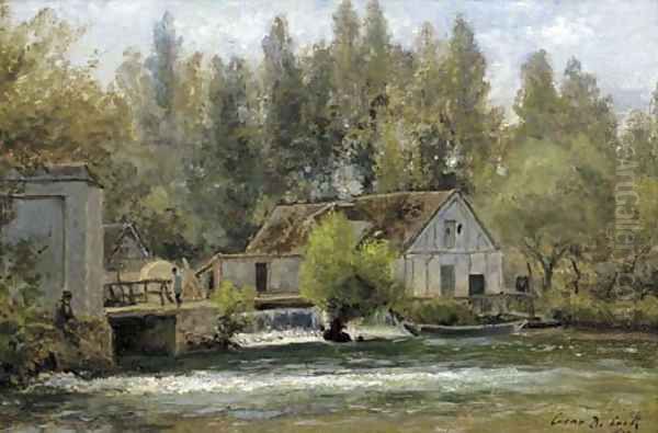 Souvenir de Gasny, Eure fishermen by a watermill - view 1