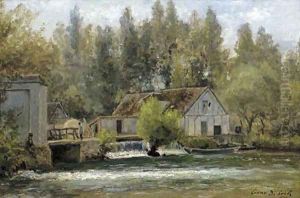 Souvenir de Gasny, Eure fishermen by a watermill