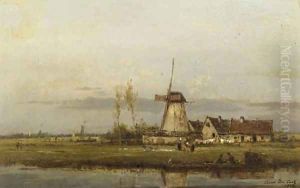 Washerwomen at work by a windmill