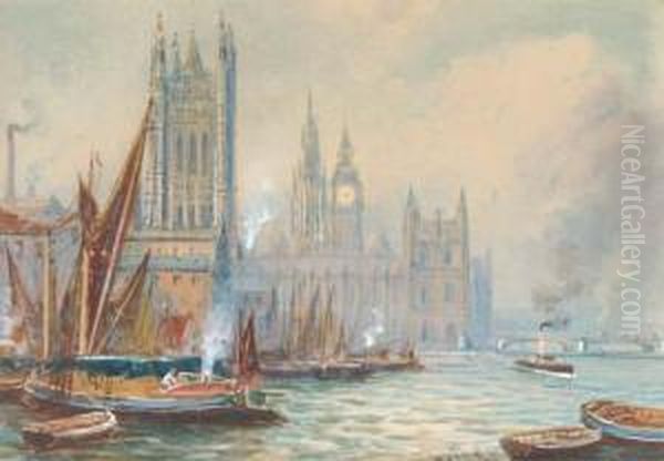 Barges Before The Houses Of Parliament - view 1