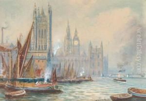 Barges Before The Houses Of Parliament