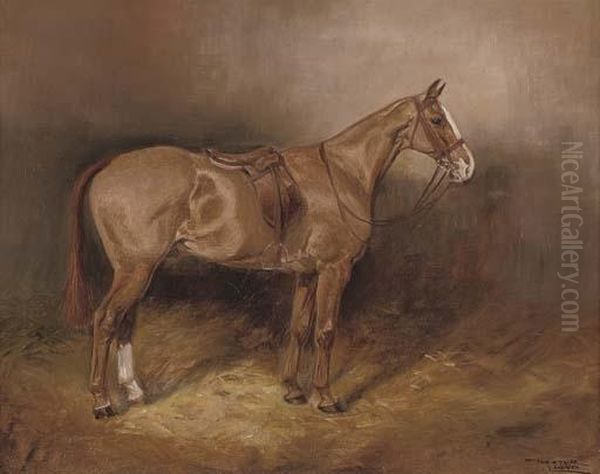 A Bay Hunter In A Stable; And A Saddled Chestnut Hunter In A Stable - view 1