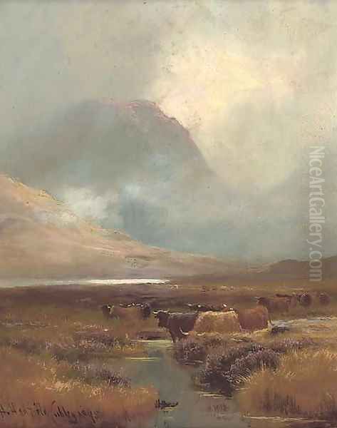 Cattle watering in a highland landscape - view 1