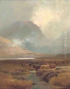 Cattle watering in a highland landscape by Henry Hadfield Cubley