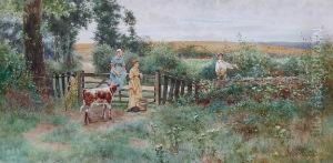 A Countryside Landscape With Milkmaids By A Gateway And A Farmer Boy On A Country Path