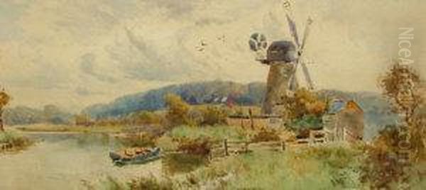 Roi Rws -- River Landscape With A
Windmill; Watercolour, Bears Inscription Attached To The Reverse Of The
Frame, 16x34cm - view 1