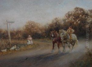 Rural Crossroads - Scene With Crossroad Sign ' To Flansham ',
 Sussex Two Working Horses And Children With Ducks On A Country
 Lane