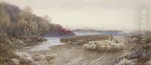 A Shepherd And His Flock Returning Home At Sunset by Thomas Lloyd