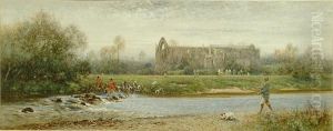 Huntsmen, Hounds And Other Figures Beside The River Wharfe At Bolton Abbey, Yorkshire by Thomas Lloyd