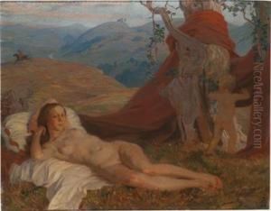 Nudo Sdraiato In Un Paesaggio Collinoso by Switbert Lobisser