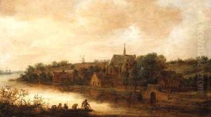 A River Landscape with Anglers in a Punt, a Church beyond