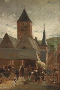 La Place Du Village by Timoleon Marie Lobrichon
